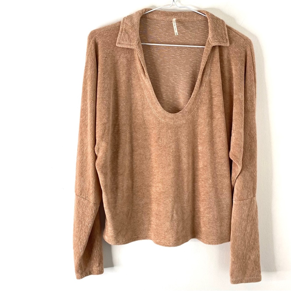 Hello Nite Neutral Plush Scoop Neck Long Sleeve Top Collared Drop Shoulder Cozy